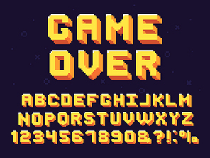 Pixel game font. Retro games text, 90s gaming alphabet and 8 bit computer graphic letters. Pixelated typeface letter, arcade game 8 bit pixel text and numbers retro vector symbols set