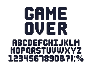 Computer 8 bit game font. Retro video games pixel alphabet, 80s gaming typography design and pixels letters. Digital pixel arcade font, pixelated letter and numbers vector set