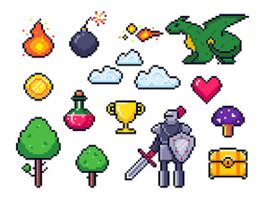 Pixel game elements. Pixelated warrior and 8 bit pixels dragon. Retro games clouds, trees and icons. Arcade pixelation gaming fire, heart and potion. Vector isolated symbols set
