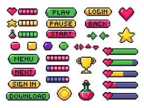 Pixel game buttons. Games UI, gaming controller arrows and 8 bit pixels button. Game pixel art magic items, digital pixelated lives bar and menu button. Vector isolated symbols set