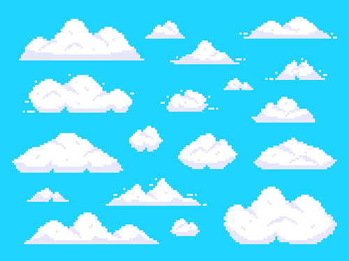 Pixel clouds. Retro 8 bit blue sky aerial cloud pixel art. Game sky clouds, pixilated aerial cloud animation scene. Background vector illustration isolated sign set