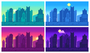 Pixel art cityscape. Town street 8 bit city landscape, night and daytime urban arcade game location. Pixels building or pixelated game architecture dark scene isolated set