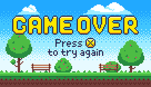 Game over screen. Retro 8 bit arcade games, old pixel video game end and pixels press X to try again sign. Pixelated failure scene or death and try again arcade gaming vector illustration