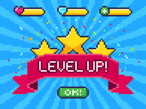 Level Up screen. Pixel video game achievement, pixels 8 bit games ui and gaming level progress. Arcade games achievements or pixelation gaming trophy vector illustration