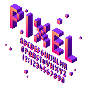 Isometric pixel art font. Arcade game fonts alphabet, retro gaming cubic typographic lettering sign and pixels numbers. Futuristic pixel letter character. Vector isolated symbols set