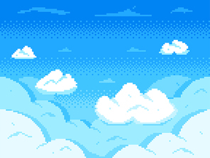 Pixel art sky. Clouds 8-bit skyline, retro video game cloud landscape and cloudy. Aerial pixel skyline, games sky animation scene or pixilated clouds vector background