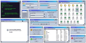 Retro user interface. Retro UI copying, downloading box. Warning message window. Old internet browser, terminal and music player vector set. vintage computer software control screen panels and dialogs