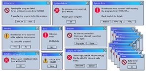 Retro error message. Old user interface system failure window, fatal and critical errors messages. Damaged computer problem warnings vector set. Failed operations or OS crash widgets with buttons.