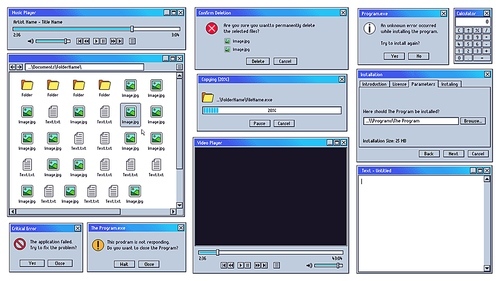 Old user interface. Old computer music and video player UI, text editor and critical system error alert notification window vector illustration set. Collection of OS messages, notifications, widgets.