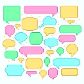 Pixel speech bubbles. Talk and communication message 8-bit style, chat square banner for conversation, vector illustration