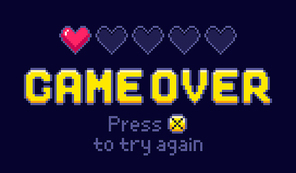Game over screen. Pixel retro games, try again and 8bit gaming last life. Gamer playing entertainment pixel arcade, game over or pixelated videogaming arcades life and death vector illustration