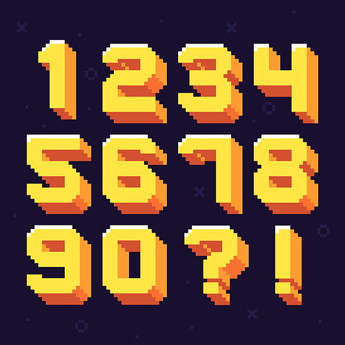 Pixel numbers. Retro 8 bit pixels number font. Oldschool games pixels numbers, arcade video gaming 80s vector illustration symbols set