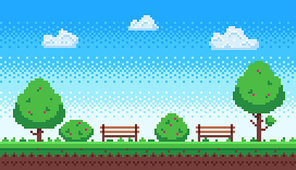 Pixel park. Retro 8 bit game blue sky, pixels trees and parks bench. Game level scene, gaming green park nature wallpaper or 8 bit games 2d retro vector illustration