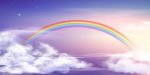 Fantasy sky rainbow. Fairy skies rainbows colors, magic landscape and dream sky. Spring rain fantasy rainbow, magic world sky vector background illustration