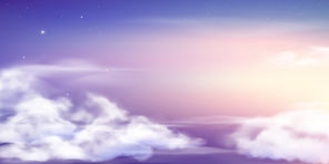 Fantasy sky. Beautiful fairy skies, fantastic dream clouds and fabulous cloudy sky pastel colors. Purple fantasy skies wallpaper or magic night cosmic sky vector background illustration