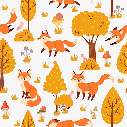 seamless forest foxes . cute red fox among yellow trees, wild animal nature. foxy woodland wallpaper, kawaii fur foxes fabric or wrapping cartoon background vector illustration