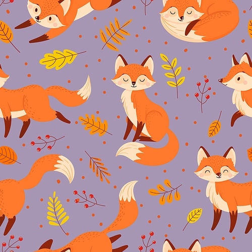 Seamless foxes pattern. Autumn fox, cute orange animal poster. Golden season foxy with leaf greeting card pattern, foxes character mascot wallpaper or wrapping cartoon vector illustration