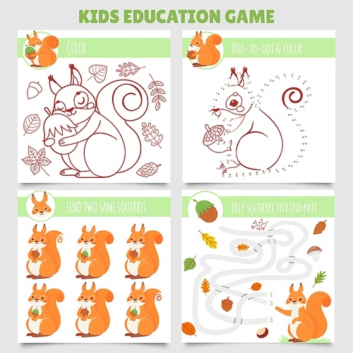 Cartoon squirrel kids games. Find two same pictures, squirrel and nut maze, coloring game and dot to dot. Kindergarten learning games with squirrel character. Isolated vector illustration set