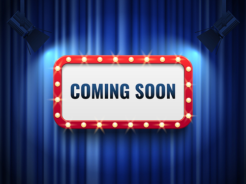 Coming soon background. special announcement concept with blue curtains, spotlights and light marquee new product come mystery poster sign. Vector mysterious chalkboard vintage banner