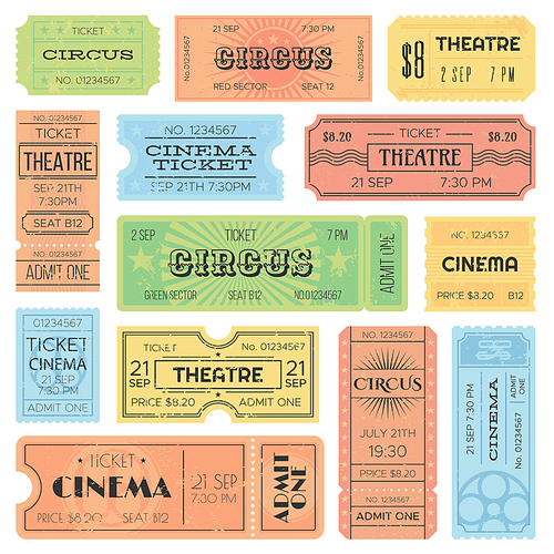 Theater or cinema admit one tickets, circus coupons and vintage old receipt. Retro ticket collection vector design isolated templates set