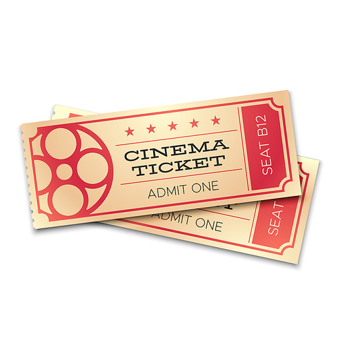 two cinema or theater realistic tickets with barcode. admit now s for pair entrance. vector concept