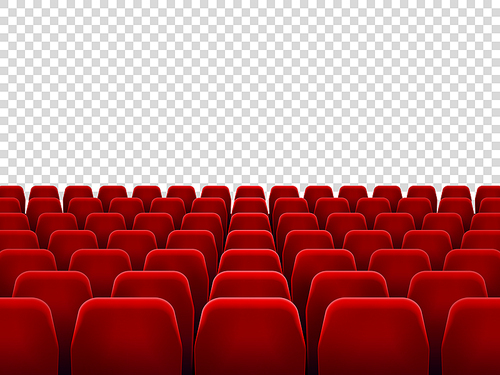 Seats at empty movie hall or seat chair for film screening room. Isolated red armchairs for cinema, theater or opera interior with blank transparent screen vector background