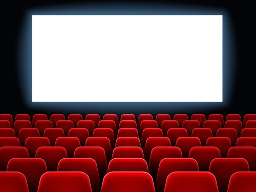 Movie premiere event at cine theatre. Cinema white blank screen at dark movie hall interior with empty red seats vector background