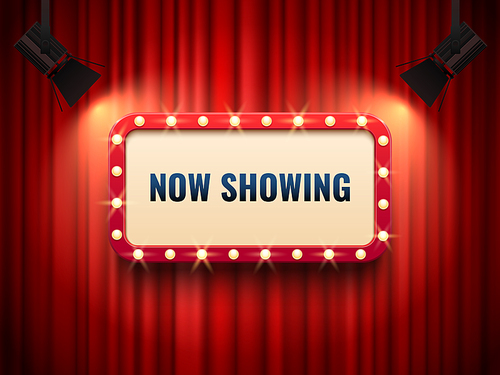 Retro cinema or theater frame illuminated by spotlight. Now showing sign on red curtain backdrop. Vintage Hollywood movie premiere signs vector template