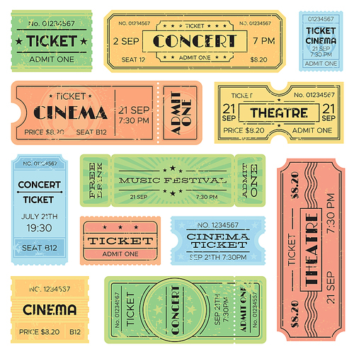 Vintage admitted cinema, music festival pass, train ticket. Isolated colorful yellow red green blue grunge amusement admission tickets template vector set