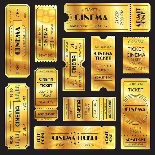 Realistic golden show ticket. Old premium cinema entrance tickets. Gold admission open sign to movie theater or entertainment amusement admitted film shows, retro vector isolated icons set