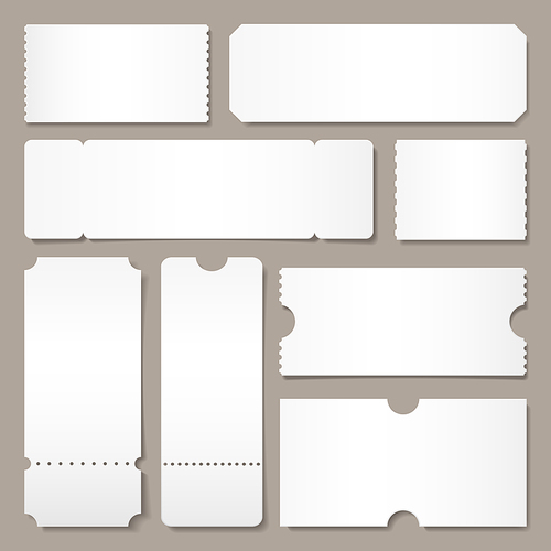 Blank ticket template. Festival concert tickets, white paper coupon card layout and cinema admit one sheet. Event, theater or lottery tickets isolated vector symbols mockup