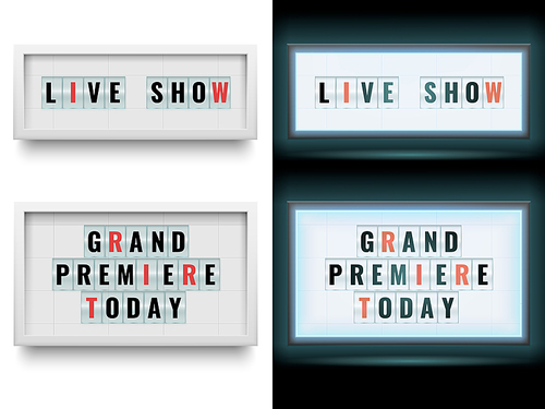 Cinema lightbox sign. Illuminated light box billboard panels or lcd screen. Movie cinema grand premiere today billboards or live show theatre announcing poster. Vector isolated symbols set