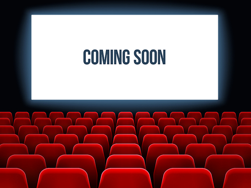 Cinema hall. Movie interior with coming soon text on white screen and empty red seats. Theater concert premiere velvet room with velvet red seats armchair vector background