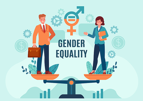 Gender business . Employee woman and man standing on balanced scales. Fair job opportunity and salary. Equal rights vector concept. Gender  professional opportunity illustration