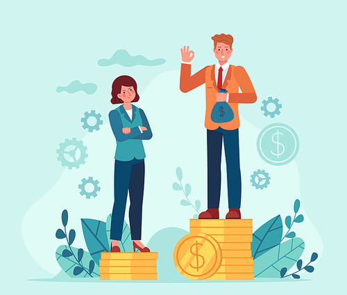 Gender salary gap. Business man and woman standing on unequal money stacks. Female discrimination. Inequality in job payment vector concept. Illustration finance rights unequal, payment disparity