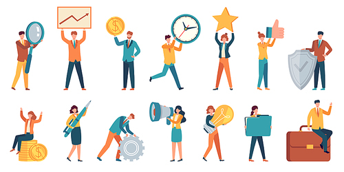 Tiny business people. Employee women and men with big money, light bulb, star, gear and magnifier. Office small work characters vector set. Illustration people success with money and star
