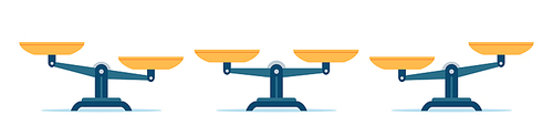 Scales in balance and imbalance. Flat libra icon with gold bowls in equal position. Weight mass comparison on leverage scales, vector set. Illustration equality measurement, weigh imbalance