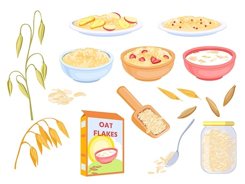 Cartoon oatmeal breakfast cereals, sweet flakes and grains. Oat plant and seed. Porridge with fruit in bowl. Healthy granola food vector set. Illustration of breakfast oatmeal, healthy porridge meal