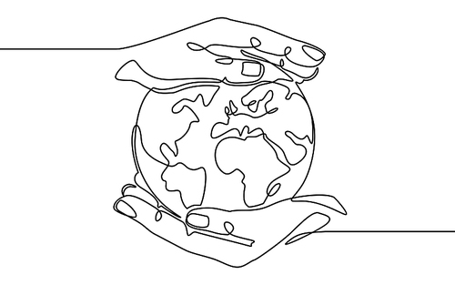 Earth in hand. Human hands holding earth world planet. Global digital technology, continuous one line sketch vector concept. World planet save, protection environmental, sketch linear illustration