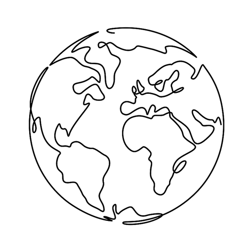 Earth. One line globus, world planet graphic icon, america, europe and asia global technology, simple continuous shape doodle vector concept. World map minimalist design isolated on white 