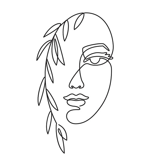 Line woman face. Female portrait and leaves. Continuous abstract drawing with girl. Minimalist fashion, glamour beauty salon and spa logo, one continuous line, modern art vector illustration.