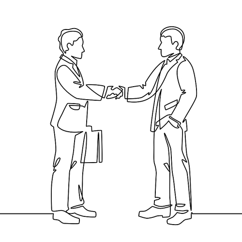 One line handshake. Business agreement symbol shaking hands, partnership teamwork, partner collaboration continuous line vector concept. Handshake deal, greeting professional character illustration