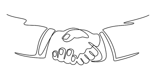 Businessmen shaking hands. Continuous line drawing business people meeting handshake, partner collaboration, partnership vector concept. Man having deal or agreement in business, signing contract