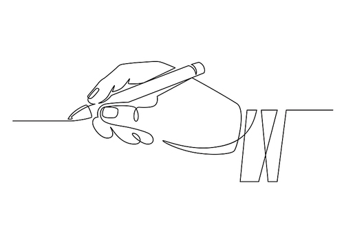 Hand with pen. Continuous one line businessman hand holding pencil and writing straight line. Minimal handwriting line concept. Worker signing contract, putting signature, writing or drawing