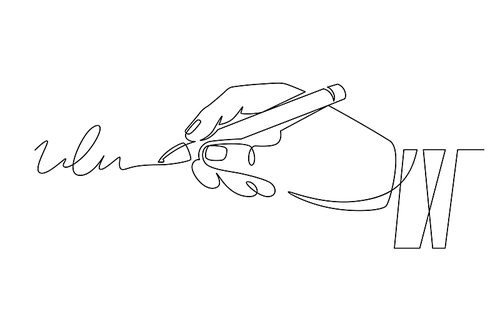 Signature and hand. Document signing, hand with pen signed contract. Person authentication, autograph, deal continuous line vector concept. Signature document pen, contract agreement illustration