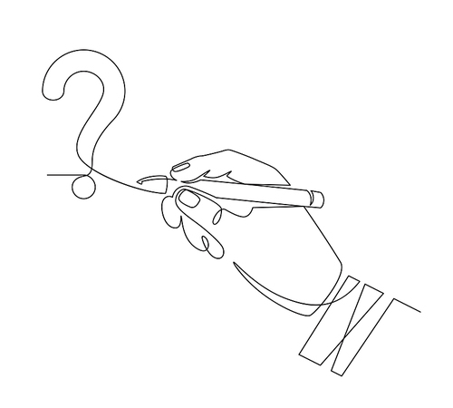 Hand writes question mark. Sketch one line hand draw question mark, quiz and survey symbol, continuous linear graphic vector concept. Question mark typography, drawing monochrome line illustration