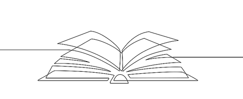 One line book. Learning and studying, library concept. Continuous line art vector education and knowledge sketch linear illustration. Open book with pages minimalist design drawing