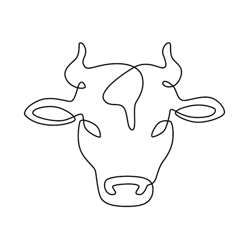 Line cow head. Milk and beef meat farm logo, dairy product label. Cattle continuous line vector isolated on white emblem. Mammal animal for farming or agricultural logo icon illustration