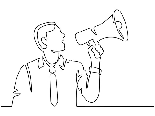 Continuous line man with megaphone. Male silhouette screams in loudspeaker. Businessman hires employee, protests or announces vector concept. Illustration megaphone announcement and speaker