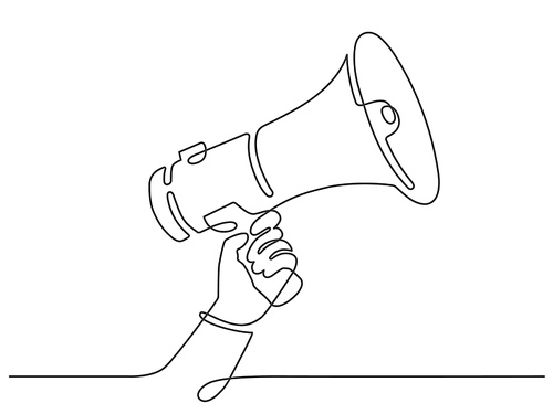 One line hand with megaphone. Person hold loudspeaker in continuous lines style. Symbol of sale, hiring or event announcement vector concept. Illustration hand hold megaphone